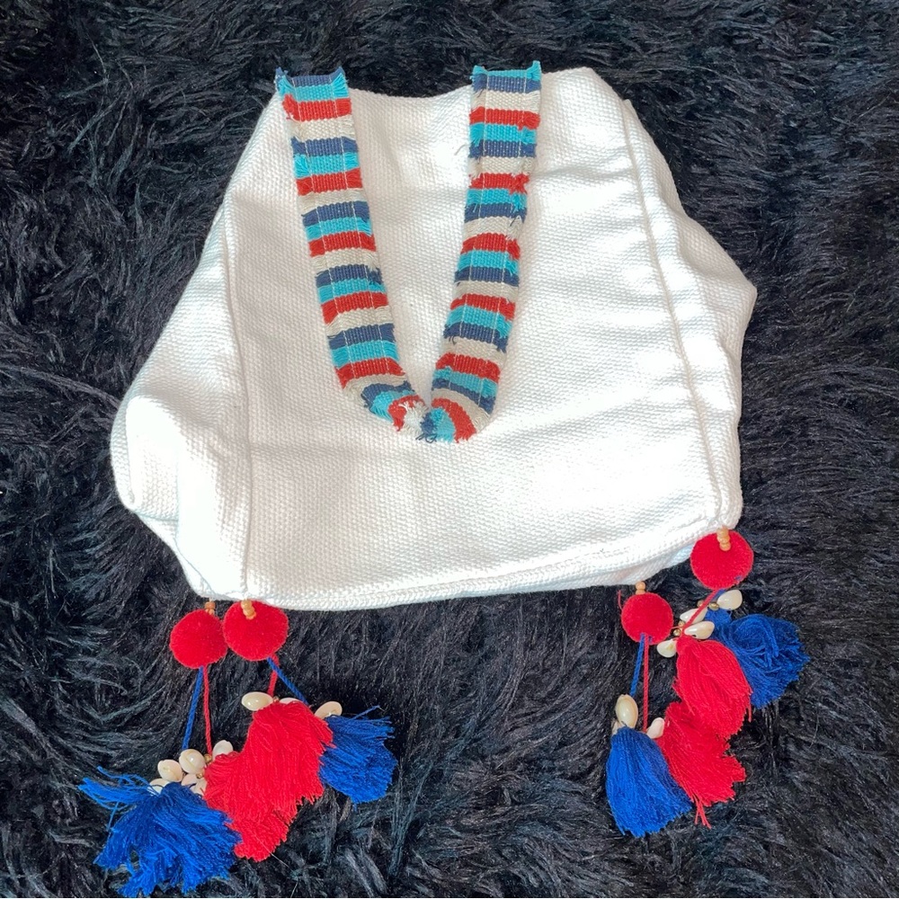 Shiraleah Pom Pom red white and blue beachy tote